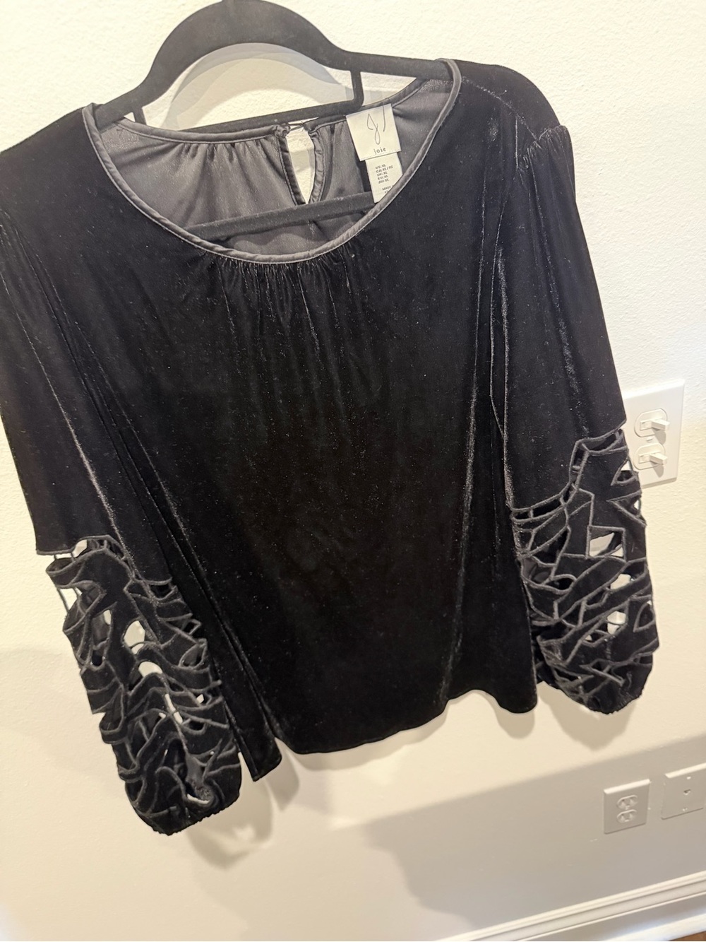 Joie Black Velvet Top with Lattice Cutout Sleeves